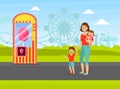 Mother with Her Two Kids Walking in Amusement Park, Cotton Candy Vending Machine Vector Illustration Royalty Free Stock Photo
