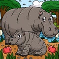 Mother Hippo and Baby Hippo Colored Cartoon