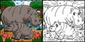 Mother Hippo and Baby Hippo Coloring Illustration