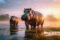 Mother Hippo and baby in the river delta at sunrise. Amazing African wildlife. Generative Ai