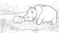 Mom and Baby Hippo in Water Coloring Page Outline Royalty Free Stock Photo