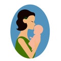 Mother holding a baby and giving him a kiss on the forehead or cheek