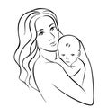Mother holding baby, illustration of happy motherhood, childbirth. Black outline, simple lines, clip-art. Royalty Free Stock Photo