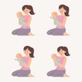 Mother holding baby with different feeling set