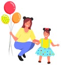 Mother Holding Balloons Standing by Kid Daughter