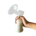 Mother holding breast pump milk bottle isolated