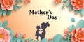 mother holding a child in papercut style on a pastel color background, write the text Mother's Day, card, banner