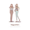 Mother holding children in baby carriers, happy moms friends walking together, girlfriends with kids banner template