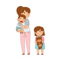Mother Holding Crying Toddler Boy with Arms and Grumpy Sister Standing Nearby Holding Teddy Bear as Family Relations