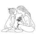 Mother is holding a flower. Daughter kisses mom. Outline vector illustration. Mothers day