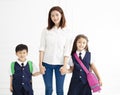 Mother holding hand of children ready go to school Royalty Free Stock Photo