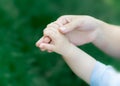 Mother holding hand of newborn baby on green grass background. The concept of maternal tenderness, care and health. Royalty Free Stock Photo