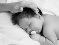 Mother holding head of baby In the safe hands. Mother& x27;s Care. Mom& x27;s Hand Stroking Sleeping Baby& x27;s Royalty Free Stock Photo