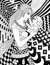 Mother holding her baby, clean line doodle art design for coloring book for adult, cards and so on