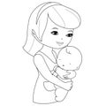 Mother holding her baby. Mommy holding her newborn infant in a hug. Vector black and white coloring page. Royalty Free Stock Photo