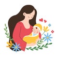 Mother holding her cute baby child vector flat illustration with flower botanical leaf ornament background for happy mother`s day