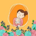 Mother holding her infant child. Beautiful paper flowers decorat