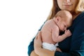 Mother holding her newborn baby daughter after birth on arms. Royalty Free Stock Photo