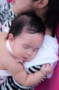 Mother holding her newborn baby in dress while her was sleeping. Mother day bonding concept with newborn baby nursing. Royalty Free Stock Photo