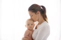 Mother, holding her sick baby boy, sad baby, isolated on white