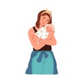 Mother holding and hugging newborn baby. Young mom cuddling wrapped infant with love. Woman parent with sleeping new