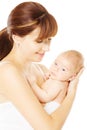 Mother holding newborn baby in hand, white backgro Royalty Free Stock Photo