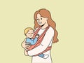 Mother holds baby in carrier sling and smiles, taking care of son and using comfortable babywearing.