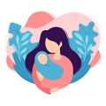 Mother holds the baby in her arms. Woman cradles a newborn. Cartoon design, health, care, maternity parenting. Vector illustration