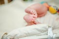 The mother holds the legs of the newborn baby in the palm of her hand. Gentle care for the baby& x27;s body. Royalty Free Stock Photo