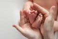 Mother holds newborn baby`s bare heels on white background. Royalty Free Stock Photo