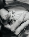 A mother holds the small legs of her newborn baby in her hands. Royalty Free Stock Photo