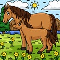 Mother Horse and Foal Colored Cartoon Illustration