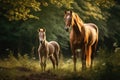 mother horse nudges her foal gently towards the meadow