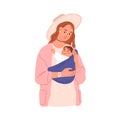 Mother hugging child in baby sling. Mom carrying little kid in wrap ring. Woman with happy infant in cloth carrier. Mum