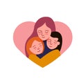 Mother hugging childs. Vector flat color icon illustration for concepts like Mother\'s day. Mother holding daugthers