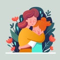 Mother hugging daugther. Vector thin line icon illustration for concepts like Mother\'s day. Woman holding little girl Royalty Free Stock Photo