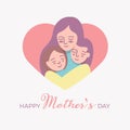 Mother hugging daugthers. Vector illustration with Happy Mother\'s day text. Woman holding little girls with background heart Royalty Free Stock Photo