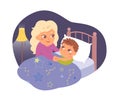 Mother hugging little sick sad kid lying in bed at night, ill boy suffering from fever