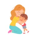 Mother hugging son with love and tenderness, hug from mom to boy, parent sitting on knees