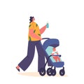 Mother Hydrates Herself And Her Child While On The Move, Sipping Water From A Bottle As She Pushes A Baby Stroller