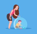 Mother hypercare. Mom protect child under glass dome. Care or disorder, safety baby vector concept