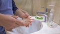 Mother Instructs Her Son How To Wash Careful His Hands Royalty Free Stock Photo