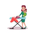 Mother ironing clothes with baby in her arms, super mom concept vector Illustration Royalty Free Stock Photo