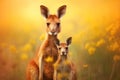 Mother kangaroo with her little cute baby kangaroo. Royalty Free Stock Photo