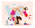 Mother keep calm. Mom quietly practices yoga at home with her child and pets. the child is playing while mom is