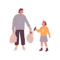 Mother and kid collecting litter into trash bag. Child helping adult to clean environment from garbage. Family Royalty Free Stock Photo