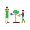 Mother and kid girl cartoon characters growing and watering tree, ecological lifestyle concept Royalty Free Stock Photo