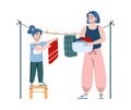 Mother and kid girl hanging clothes for dry, daughter help mom with housework. Royalty Free Stock Photo