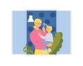 Mother and kid looking at each other in open window. Interior and greenery, child room in blue. Concept characters illustration Royalty Free Stock Photo