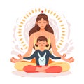 Mother and kid practicing yoga exercises. Mom and baby are sitting in the lotus position. Parent and daughter during workout.